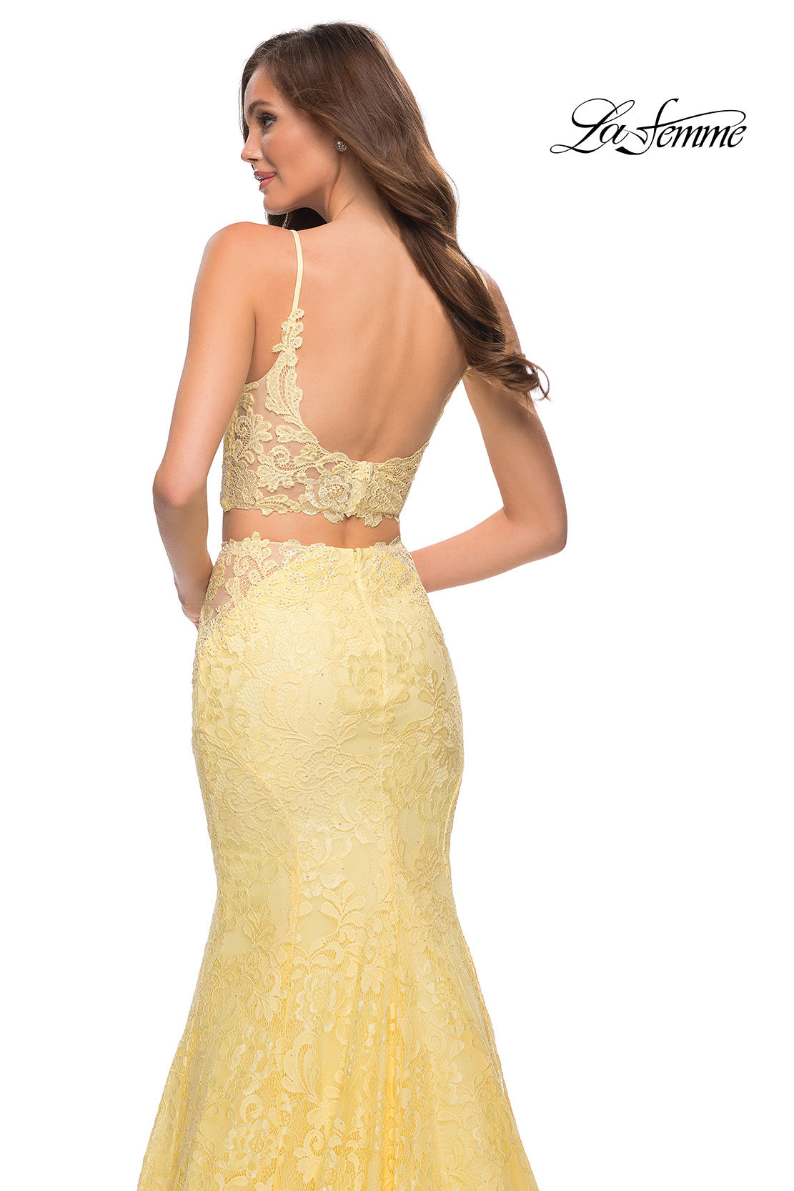 Picture of: Mermaid Two Piece Gown with Deep V and Rhinestones in Pale Yellow, Style 29970, Detail Picture 6