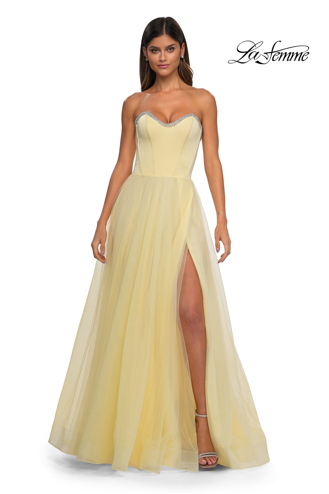 Picture of: A-line Tulle Dress with Satin Top and Rhinestone Neckline in Pale Yellow, Style: 32731, Detail Picture 6