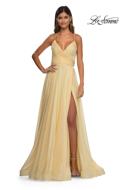 Picture of: Metallic Chiffon Prom Dress with Flowing Skirt and High Slit in Pale Yellow, Style: 33043, Detail Picture 6