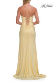 Picture of: Ruched Rhinestone Wrap Gown with Lace-Up Back and High Slit in Pale Yellow, Style: 33340, Detail Picture 6