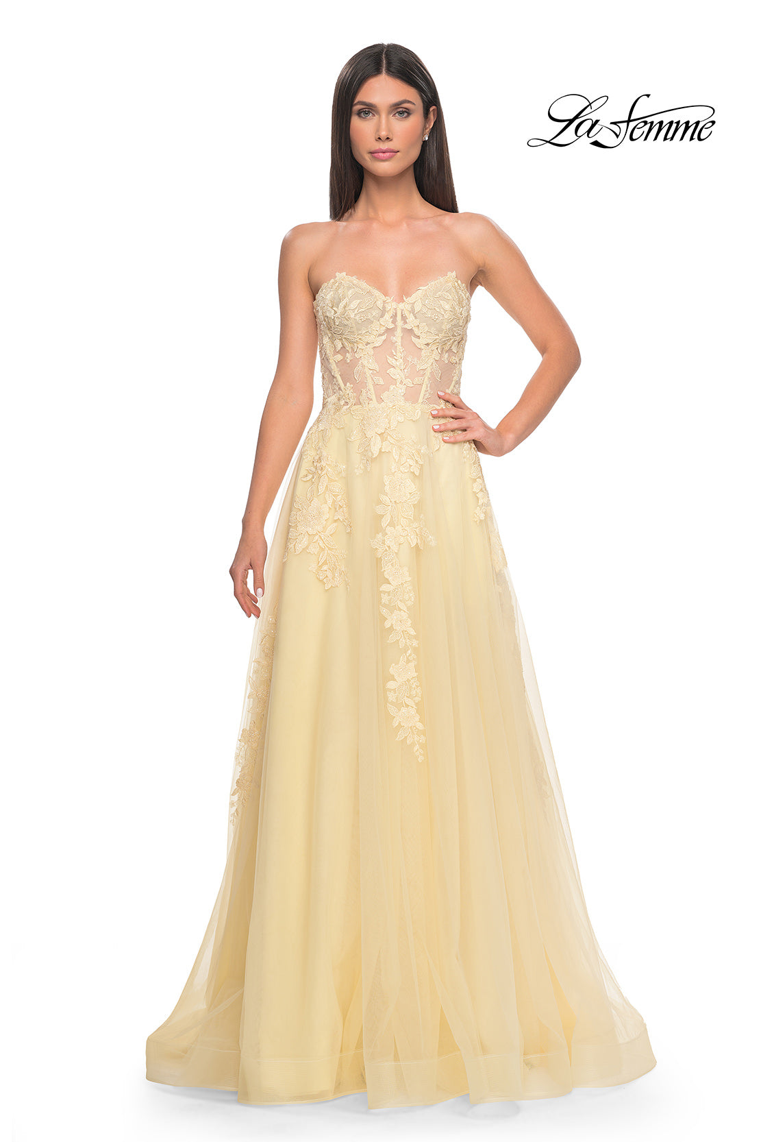 Picture of: Sweetheart Strapless Gown with Beautiful Lace Applique in Pale Yellow, Style: 32082, Detail Picture 7