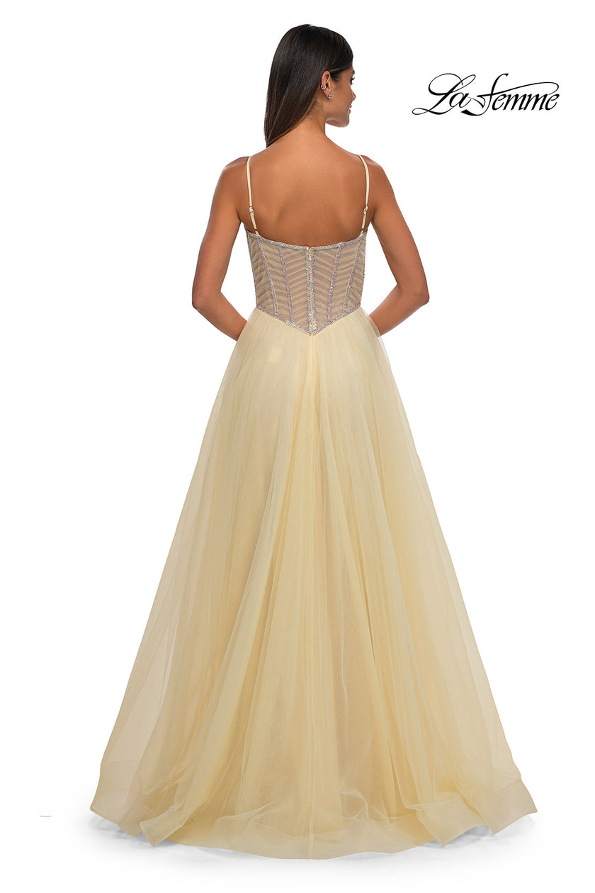 Picture of: Tulle A-line Prom Dress with Rhinestone Detail on Corset Top in Pale Yellow, Style: 32675, Detail Picture 7
