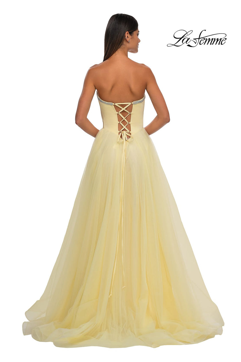 Picture of: A-line Tulle Dress with Satin Top and Rhinestone Neckline in Pale Yellow, Style: 32731, Detail Picture 7