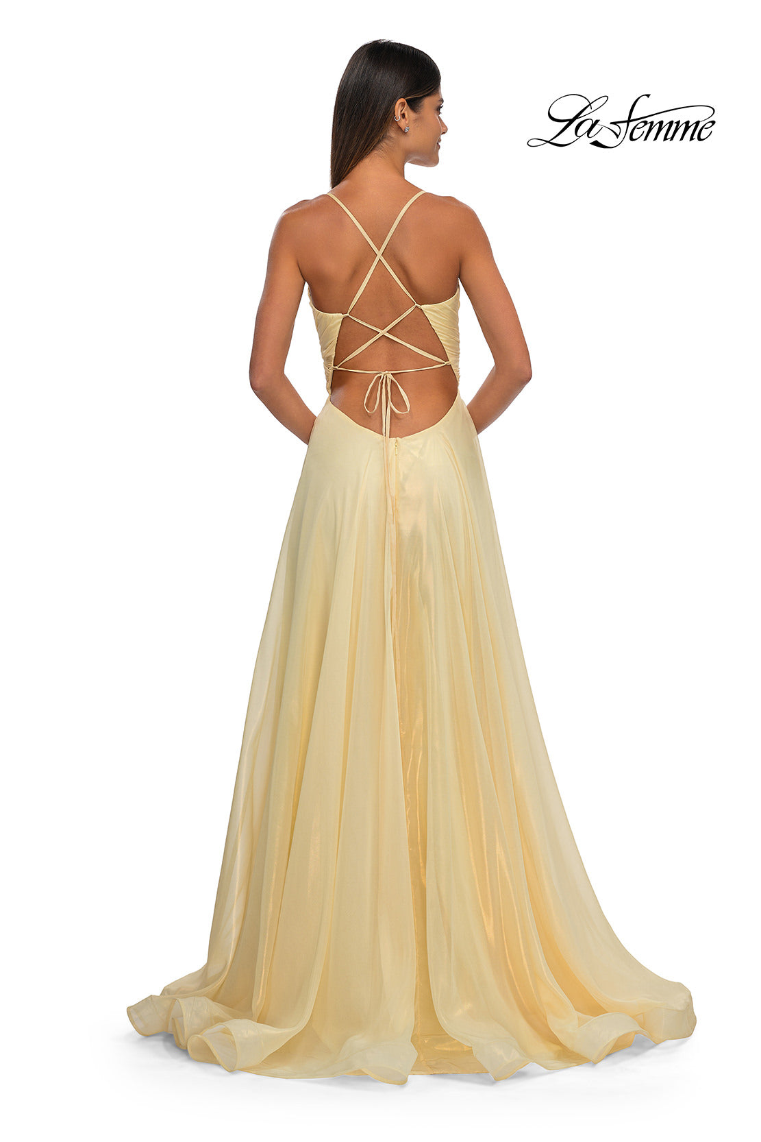 Picture of: Metallic Chiffon Prom Dress with Flowing Skirt and High Slit in Pale Yellow, Style: 33043, Detail Picture 7