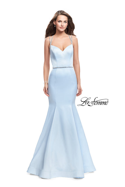 Picture of: Satin Mermaid Prom Dress with Beading and Open Back in Pale Blue, Style: 25711, Main Picture