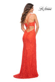 Picture of: Papaya Stretch Lace Prom Dress with Deep V Neckline in Papaya, Back Picture