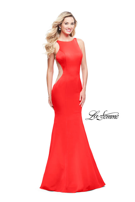 Picture of: Satin Mermaid Prom Gown with Mesh and Scoop Back in Papaya, Style: 26076, Detail Picture 2
