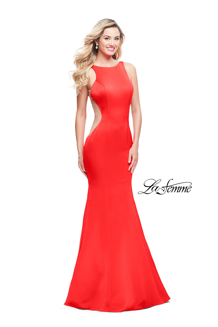 Picture of: Satin Mermaid Prom Gown with Mesh and Scoop Back in Papaya, Style: 26076, Detail Picture 2