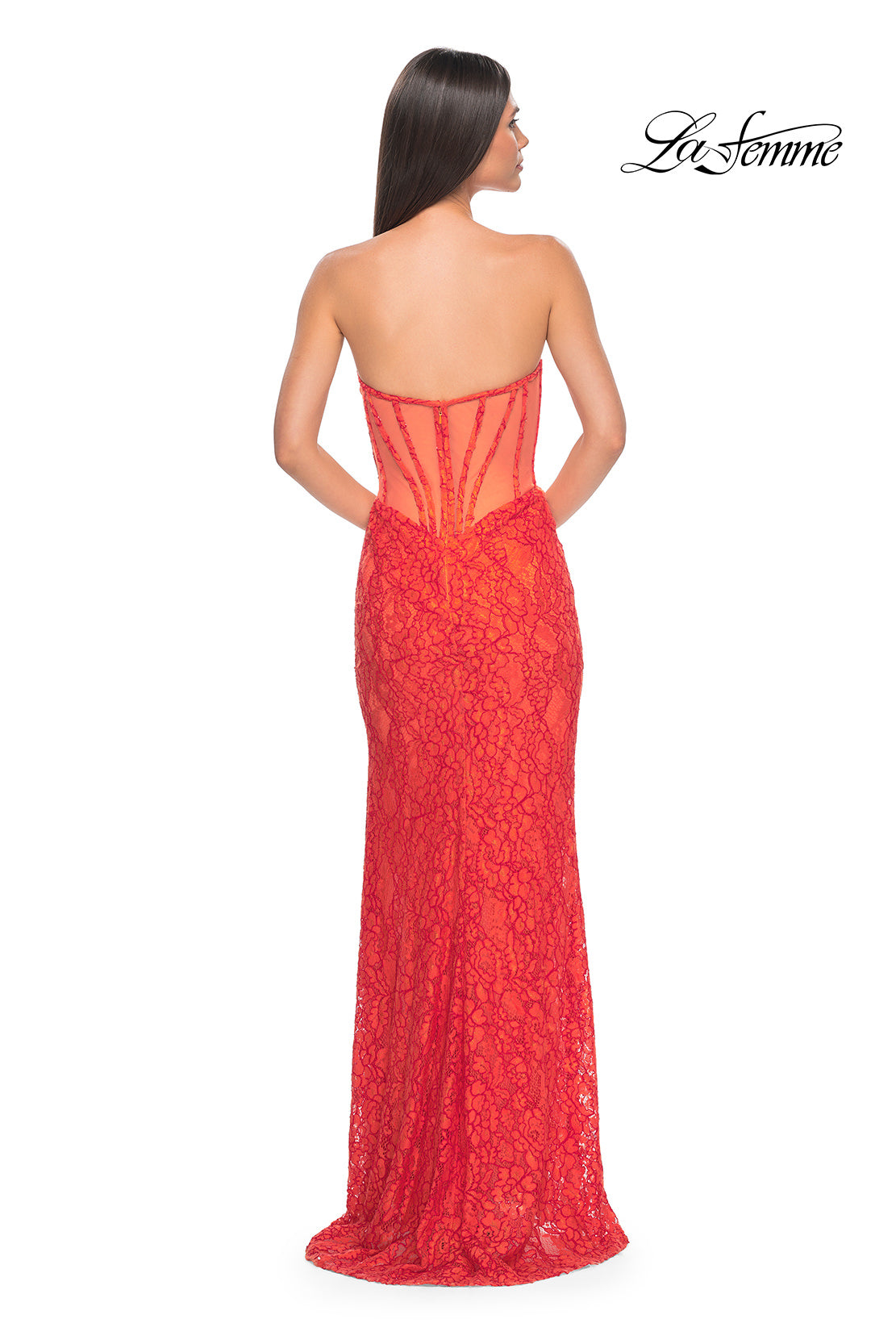 Picture of: Stretch Lace Dress with Bustier Bodice and Illusion Back in Papaya, Style: 32298, Detail Picture 2