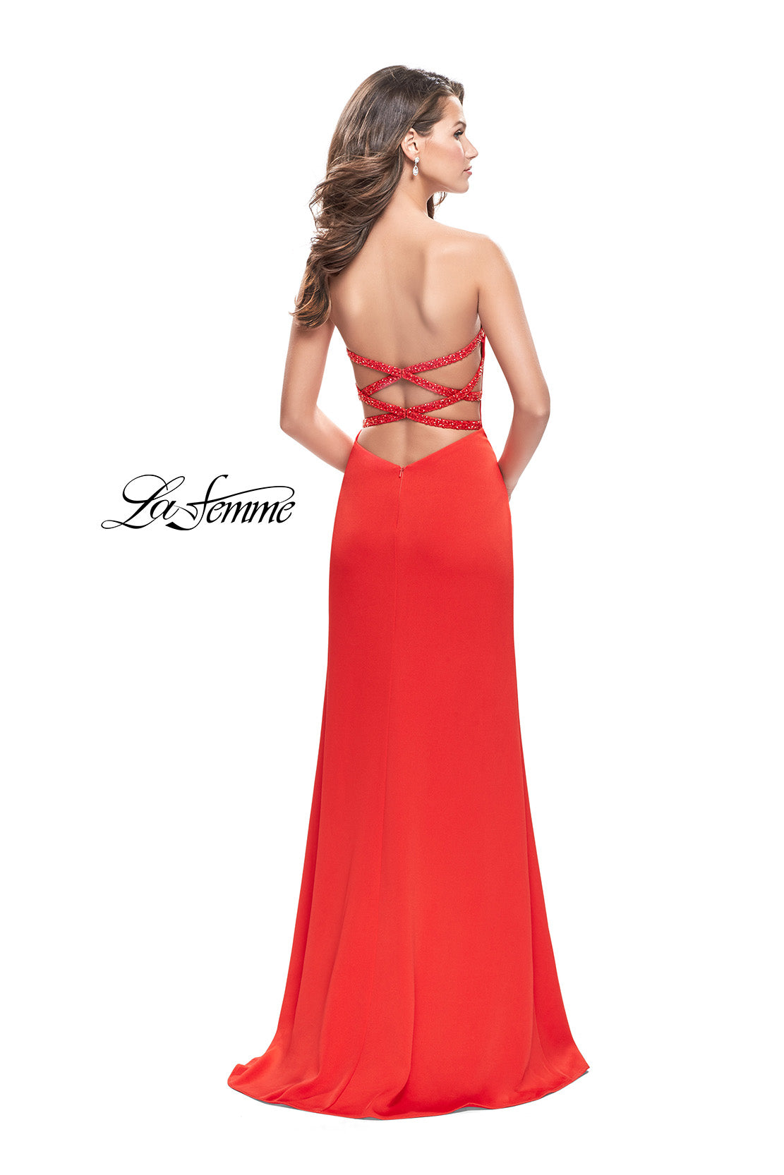 Picture of: Long Strapless Form Fitting Dress with Beaded Straps in Papaya, Style: 26253, Detail Picture 2