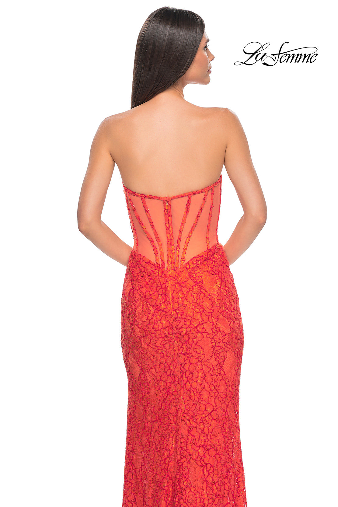 Picture of: Stretch Lace Dress with Bustier Bodice and Illusion Back in Papaya, Style: 32298, Detail Picture 7