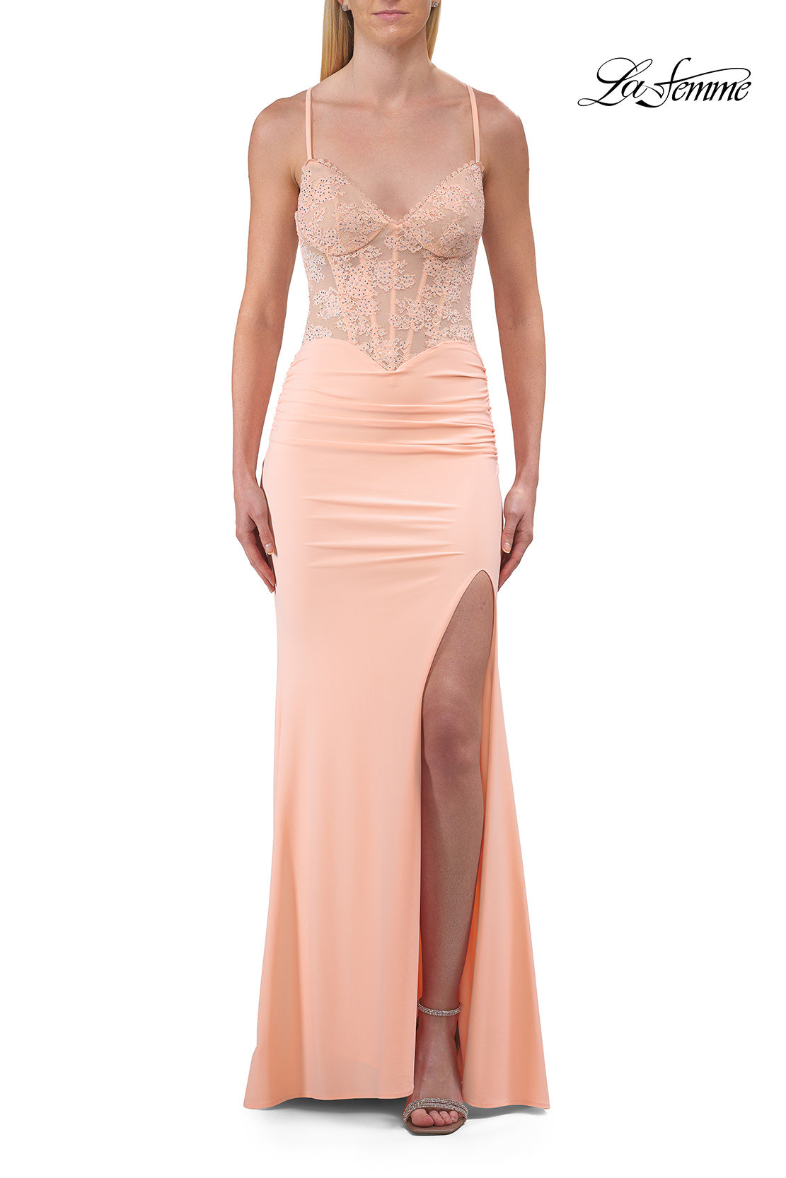 Picture of: Lace Bodice Fitted Gown with Slit and Open Crisscross Back in Peach, Style: 33386, Detail Picture 10