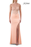Picture of: Lace Bodice Fitted Gown with Slit and Open Crisscross Back in Peach, Style: 33386, Detail Picture 10