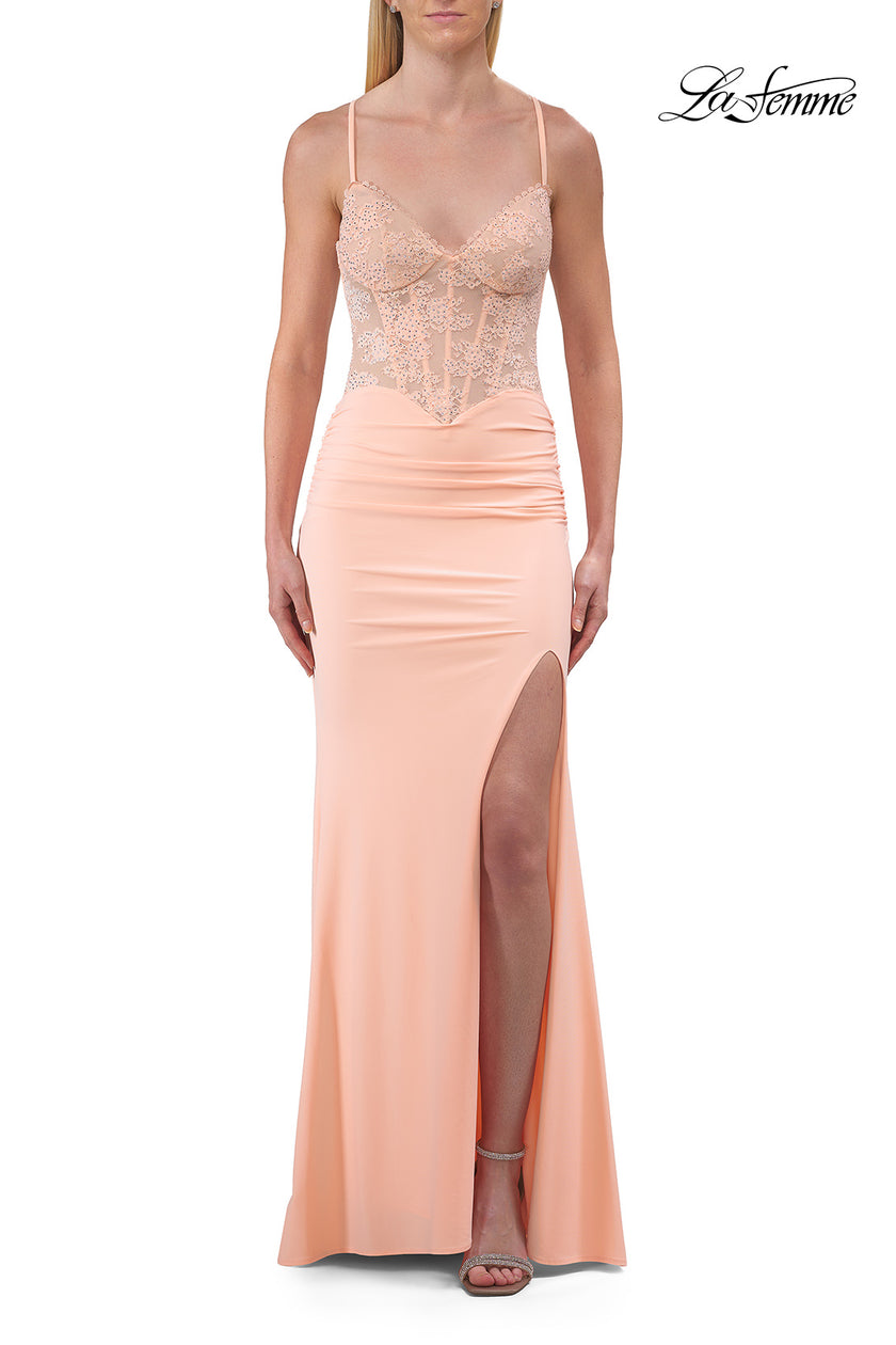 Picture of: Lace Bodice Fitted Gown with Slit and Open Crisscross Back in Peach, Style: 33386, Detail Picture 10