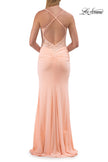 Picture of: Lace Bodice Fitted Gown with Slit and Open Crisscross Back in Peach, Style: 33386, Detail Picture 11