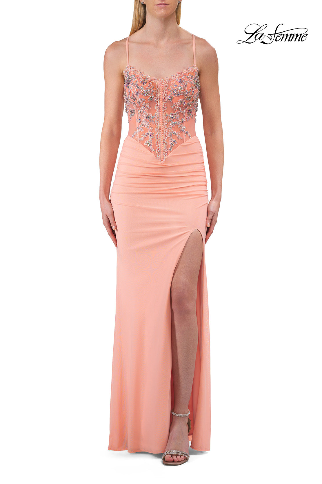 Picture of: Embroidered Corset Gown with Sheer Bodice and High Slit in Peach, Style: 33783, Detail Picture 19