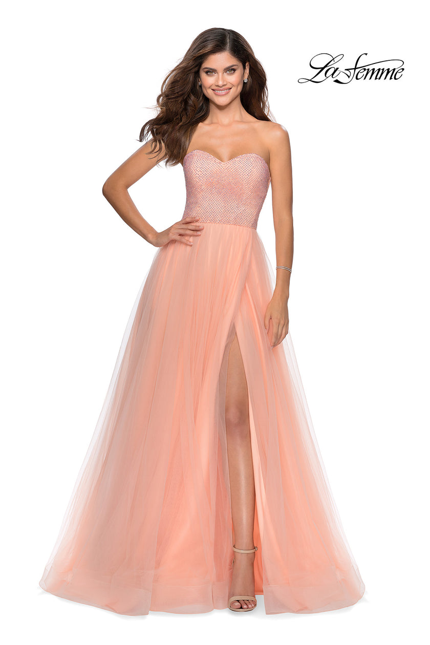 Picture of: Tulle A-line Ball Gown with Net Beaded Bodice in Peach, Style: 28559, Detail Picture 1