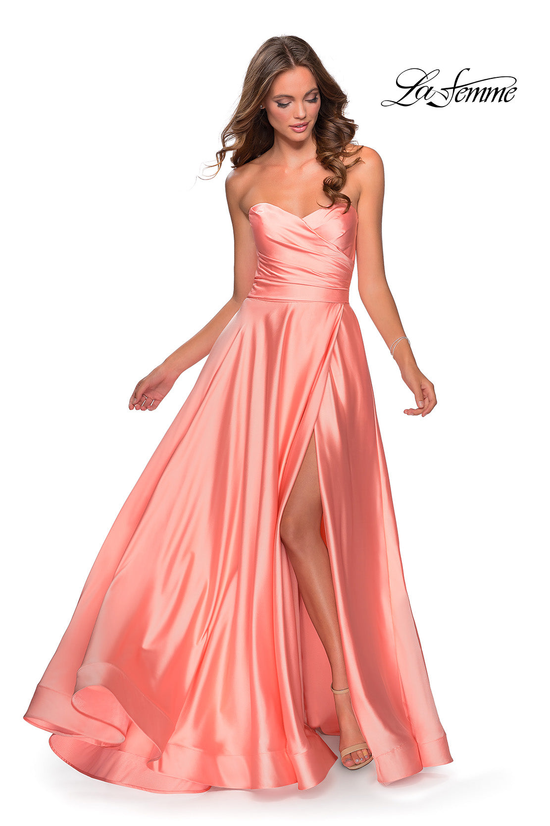 Picture of: Strapless Satin Gown with Pleated Bodice and Slit in Peach, Style: 28608, Detail Picture 1