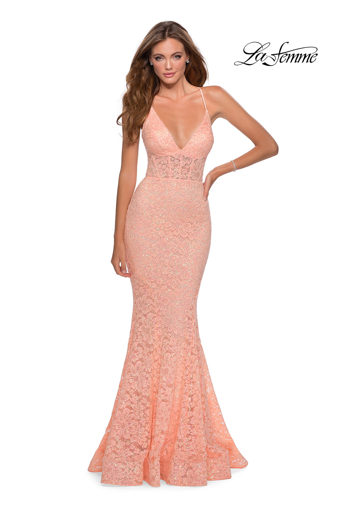Picture of: Sequin Lace Mermaid Prom Dress with Sheer Bodice in Peach, Style: 28647, Detail Picture 3