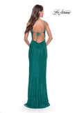 Picture of: Ruched Sequin Dress with Open Tie Back in Peacock, Style: 31583, Back Picture
