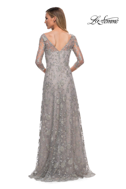 Picture of: Lace Dress with Three-Quarter Sleeves and Illusion Neckline in Pearl Silver, Back Picture