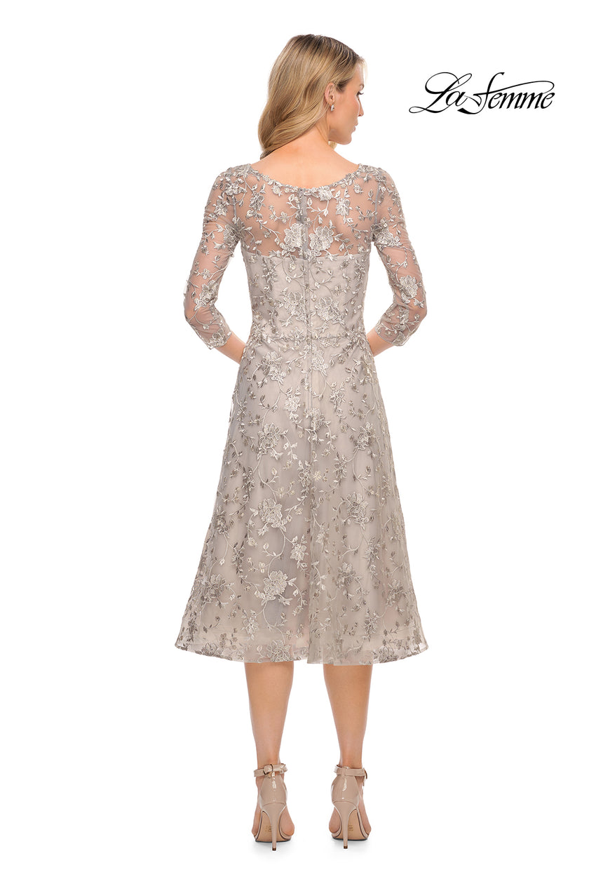 Picture of: Tea Length Dress with Full Skirt in Lace in Silver, Style: 30004, Back Picture