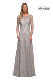 Picture of: Lace Dress with Three-Quarter Sleeves and Illusion Neckline in Pearl Silver, Detail Picture 1