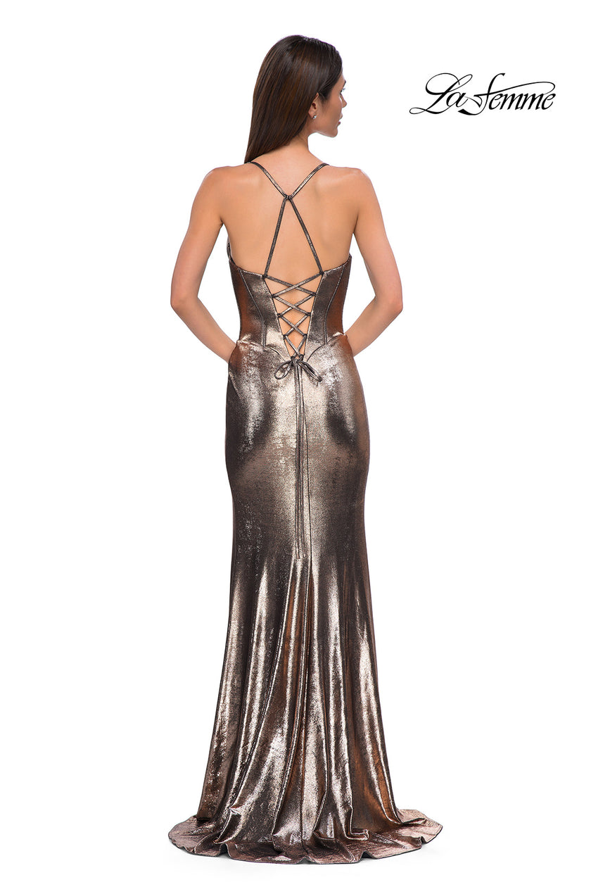 Picture of: Fitted Metallic Jersey Prom Dress with Corset Style Top in Penny , Style 32877, Detail Picture 14