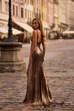 Picture of: Brushed Metallic Jersey Simple Prom Dress with Ruching in Penny , Style 32812, Detail Picture 4