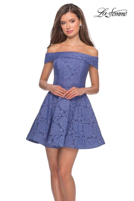 Picture of: Off the Shoulder Lace Fit and Flare Homecoming Dress in Periwinkle, Style: 28122, Main Picture