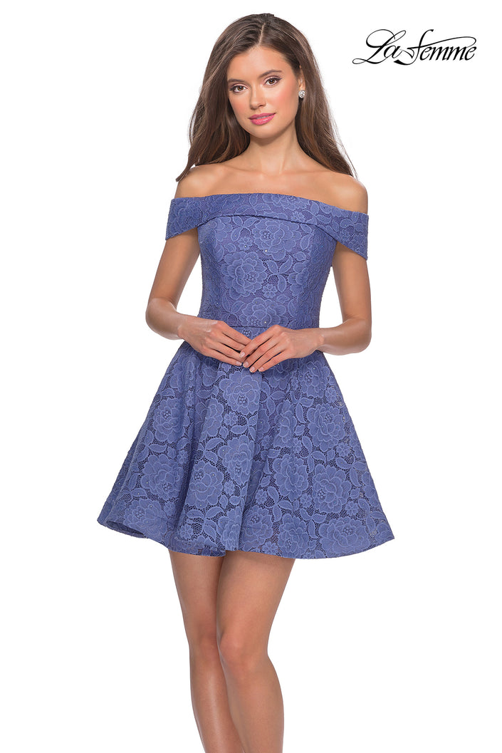 Picture of: Off the Shoulder Lace Fit and Flare Homecoming Dress in Periwinkle, Style: 28122, Main Picture