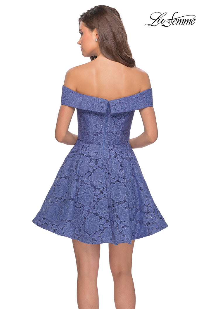 Picture of: Off the Shoulder Lace Fit and Flare Homecoming Dress in Periwinkle, Style: 28122, Back Picture