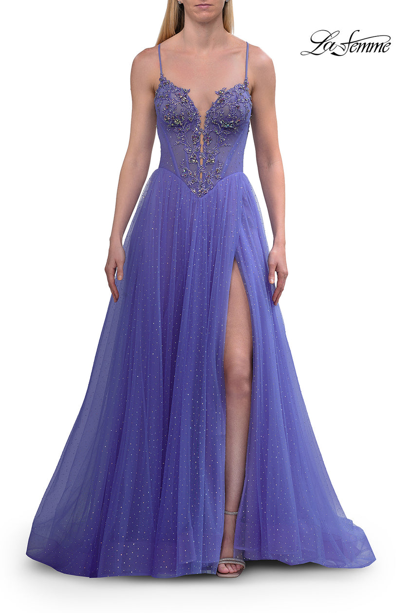 Picture of: Corset Tulle A-Line Gown with Lace Applique and Slit in Periwinkle, Style: 33860, Detail Picture 9