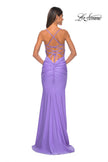 Picture of: Neon Ruched Jersey Dress with Rhinestone Mesh Draped Top in Periwinkle, Style: 32320, Detail Picture 10