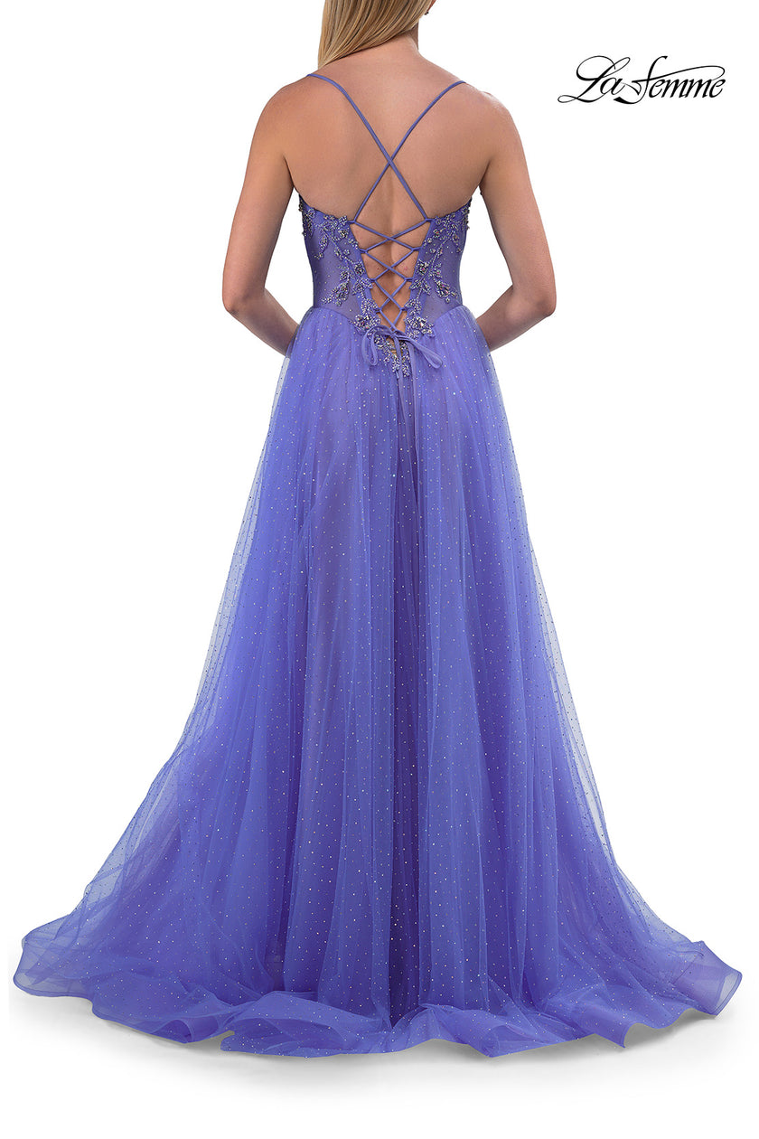 Picture of: Corset Tulle A-Line Gown with Lace Applique and Slit in Periwinkle, Style: 33860, Detail Picture 10