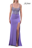 Picture of: Sheer Lace Corset Gown with High Slit and Lace-Up Back in Periwinkle, Style: 33808, Detail Picture 11