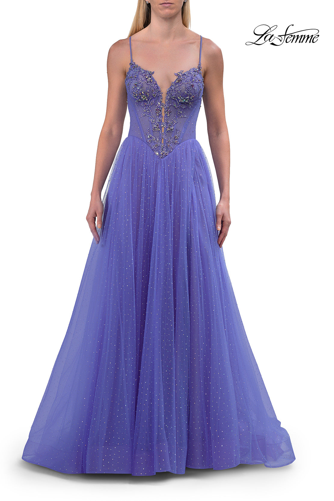 Picture of: Corset Tulle A-Line Gown with Lace Applique and Slit in Periwinkle, Style: 33860, Detail Picture 11