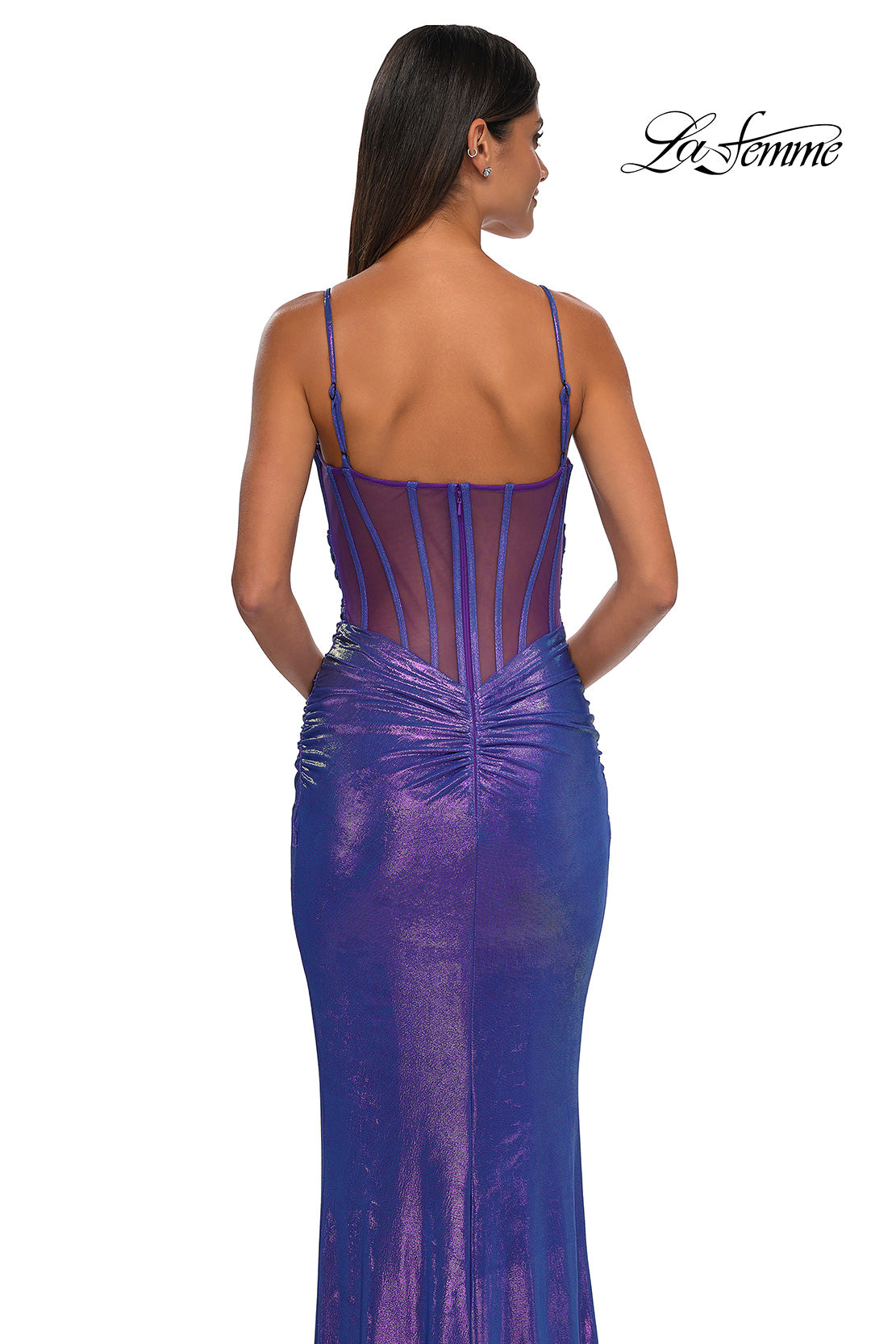 Picture of: Gorgeous Metallic Prom Dress with Ruching and Illusion Back in Periwinkle, Style: 33034, Detail Picture 12