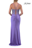 Picture of: Sheer Lace Corset Gown with High Slit and Lace-Up Back in Periwinkle, Style: 33808, Detail Picture 12