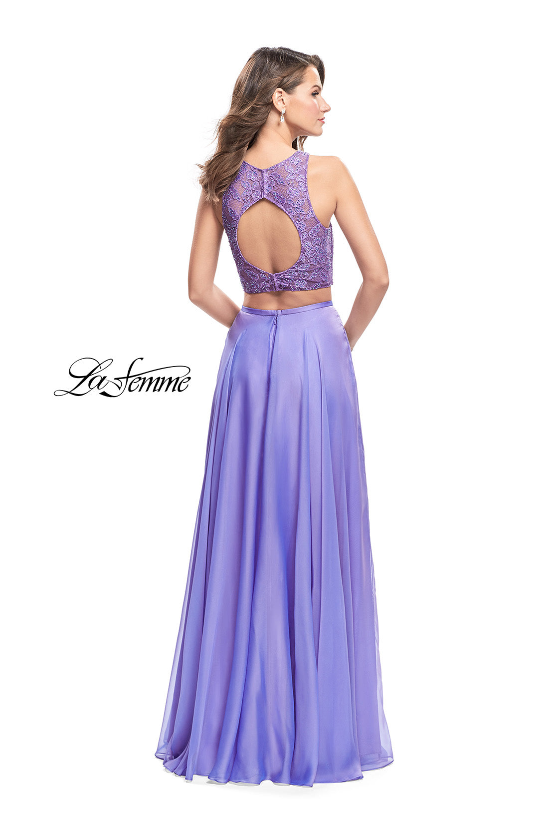 Picture of: Two Piece Prom Gown with Beaded lace Top and Pockets in Periwinkle, Style: 26087, Back Picture