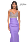 Picture of: Neon Ruched Jersey Dress with Rhinestone Mesh Draped Top in Periwinkle, Style: 32320, Detail Picture 2