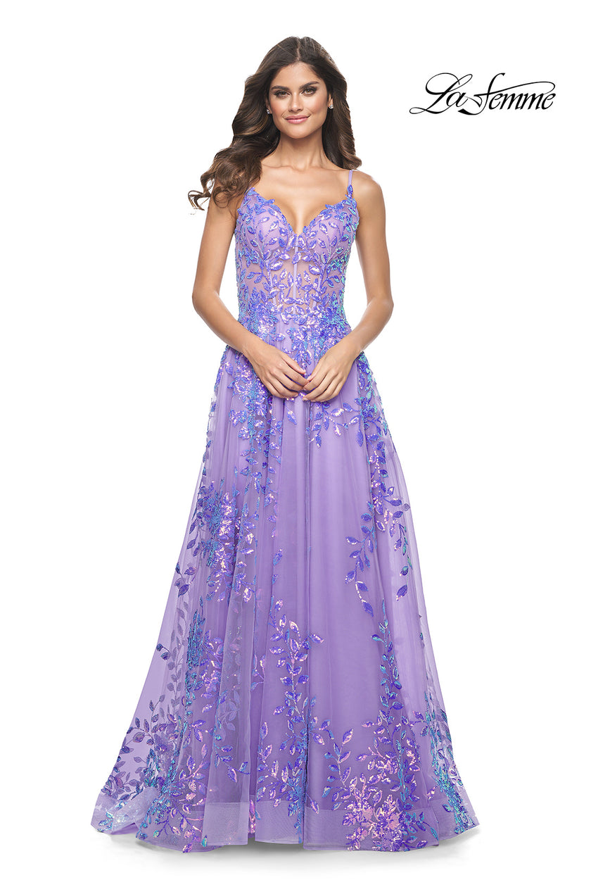 Picture of: Sequin Lace Print Tulle A-Line Prom Dress with Illusion Bodice in Periwinkle, Style: 32223, Detail Picture 3