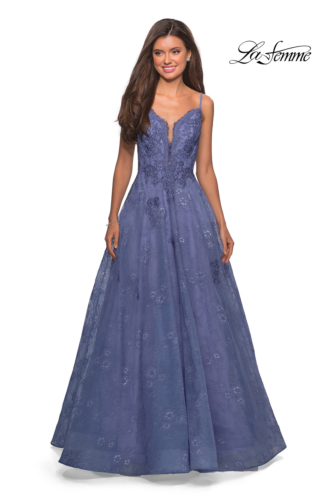 Picture of: Lace Detail Long A Line Prom Dress with Open Back in Periwinkle, Style: 27030, Detail Picture 4