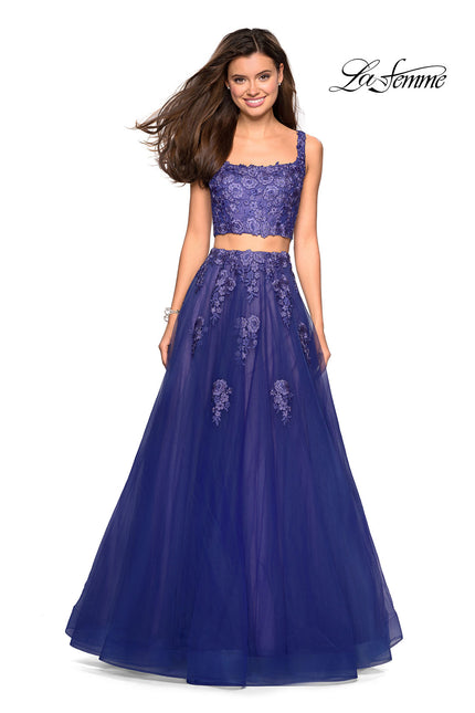 Picture of: Two Piece Floor Length Prom Dress with Lace Detail in Periwinkle, Style: 27489, Detail Picture 4