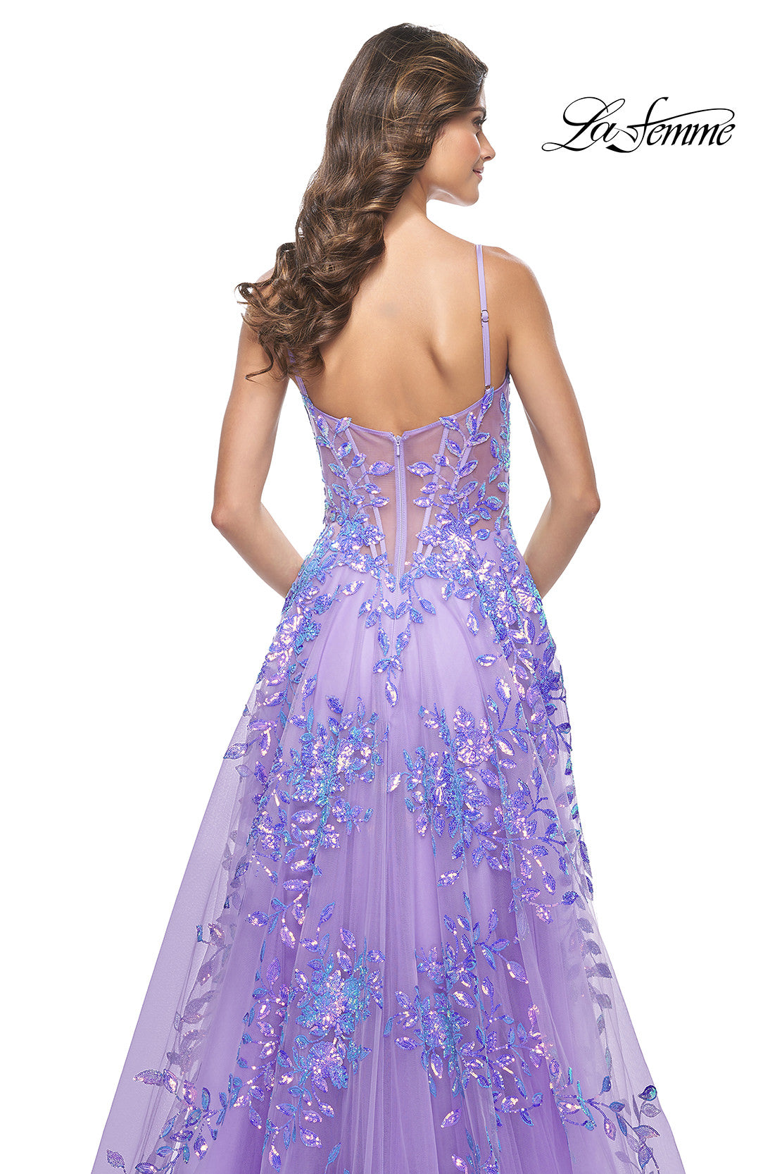 Picture of: Sequin Lace Print Tulle A-Line Prom Dress with Illusion Bodice in Periwinkle, Style: 32223, Detail Picture 4