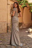 Picture of: Ruched Satin Gown with Lace Cap Sleeves and Illusion Back in Pewter, Style: 32431, Back Picture