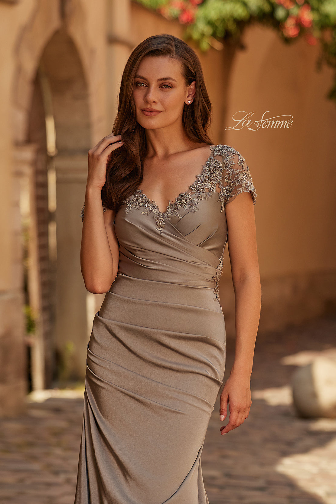 Picture of: Ruched Satin Gown with Lace Cap Sleeves and Illusion Back in Pewter, Style: 32431, Detail Picture 3