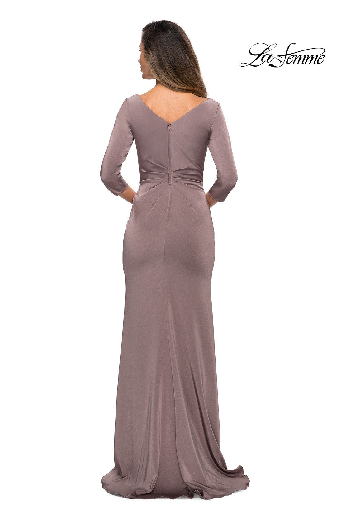 Picture of: Three Quarter Sleeve Jersey Dress with Ruching in Pewter, Style: 28197, Back Picture