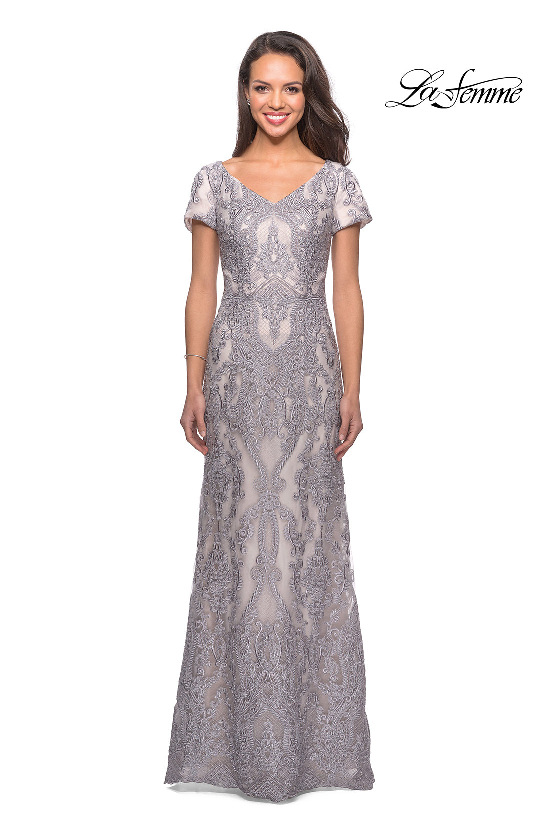 Picture of: Long Lace Dress with Short Sleeves and V-Neck in Pink Gray, Style: 26708, Main Picture