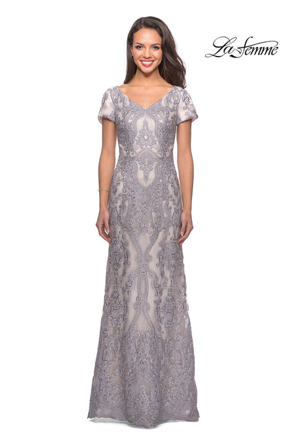 Picture of: Long Lace Dress with Short Sleeves and V-Neck in Pink Gray, Style: 26708, Main Picture